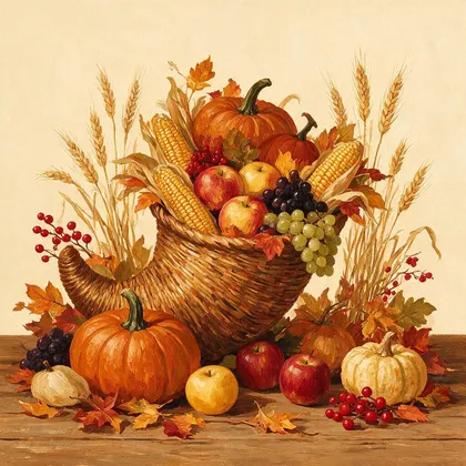 A painterly folk-art illustration of a cornucopia overflowing with pumpkins, apples, grapes, corn and autumn leaves on a wooden table with wheat stalks