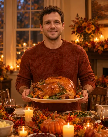 A curly-haired man in a rust-coloured knit sweater holding a roast turkey on a platter at a candlelit Thanksgiving table with pumpkins and autumn leaves