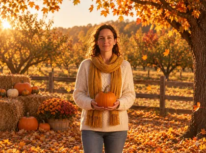A woman with wavy hair in a cream cable-knit sweater and mustard scarf holding a small pumpkin in a sunlit autumn orchard with hay bales and falling leaves