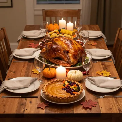 A Thanksgiving dinner table with a golden roast turkey, pumpkin pie, candles, small pumpkins and autumn leaves on a rustic wooden table