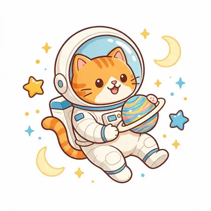 A kawaii orange cat in an astronaut suit holding a planet, surrounded by stars and moons, t-shirt illustration