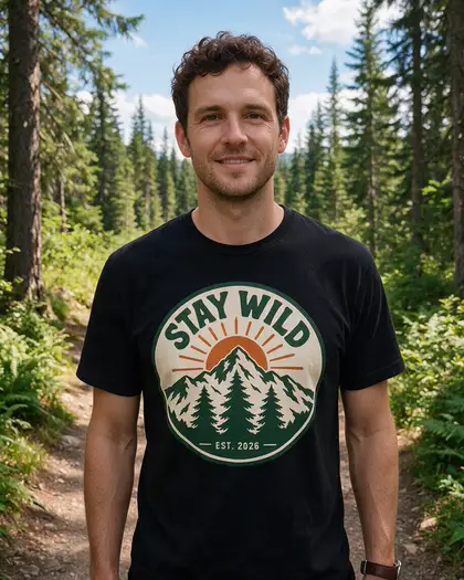 A man on a forest trail wearing a black t-shirt with the STAY WILD badge printed on the chest