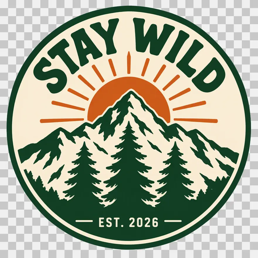Transparent PNG: Put this design printed large on the chest of a plain black cotton crew-neck t-shirt worn by an adult man at a forest trailhead. Photorealistic, real fabric folds, the text "STAY WILD" and "EST. 2026" printed exactly as in the image.