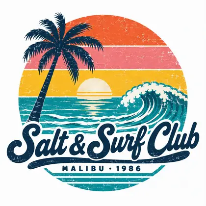 A retro 80s t-shirt design with a striped sunset, a palm tree, a wave and the script text Salt & Surf Club, Malibu 1986