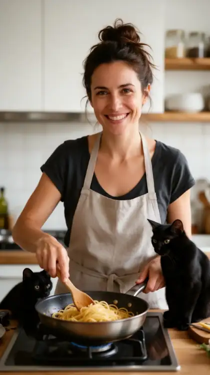 Before: woman cooking. After: a black cat sitting on the counter watching her