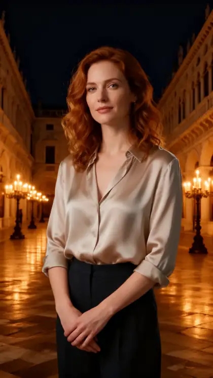 Before: studio portrait. After: the same woman in a candlelit Venetian palazzo
