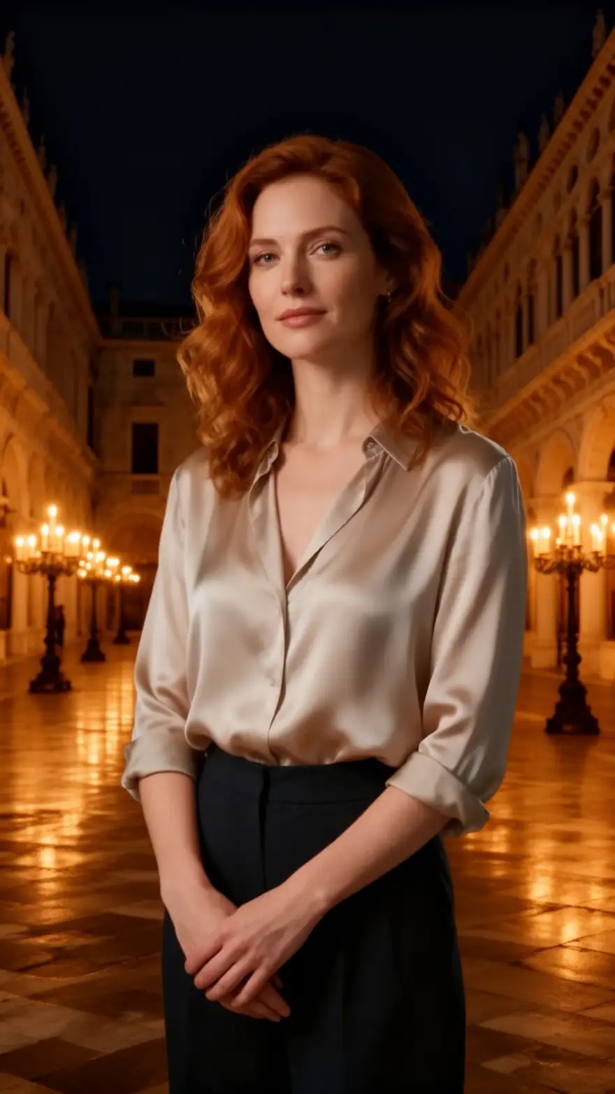 Before: studio portrait. After: the same woman in a candlelit Venetian palazzo — after