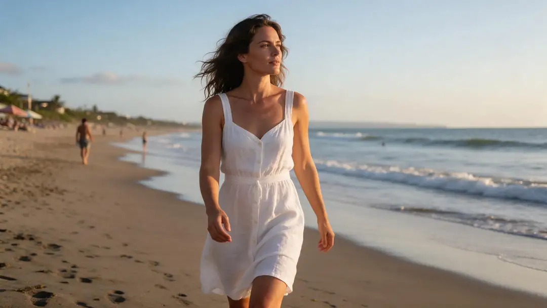 Before: woman in a white linen dress on a beach. After: the same woman in a black satin evening dress — before