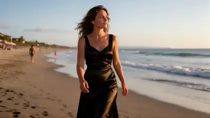 Before: woman in a white linen dress on a beach. After: the same woman in a black satin evening dress