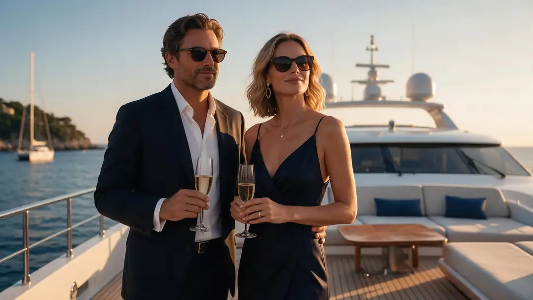 Before: couple on a yacht, photo. After: the same scene as a 1950s oil painting — before