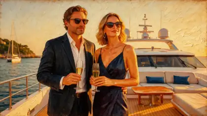 Before: couple on a yacht, photo. After: the same scene as a 1950s oil painting