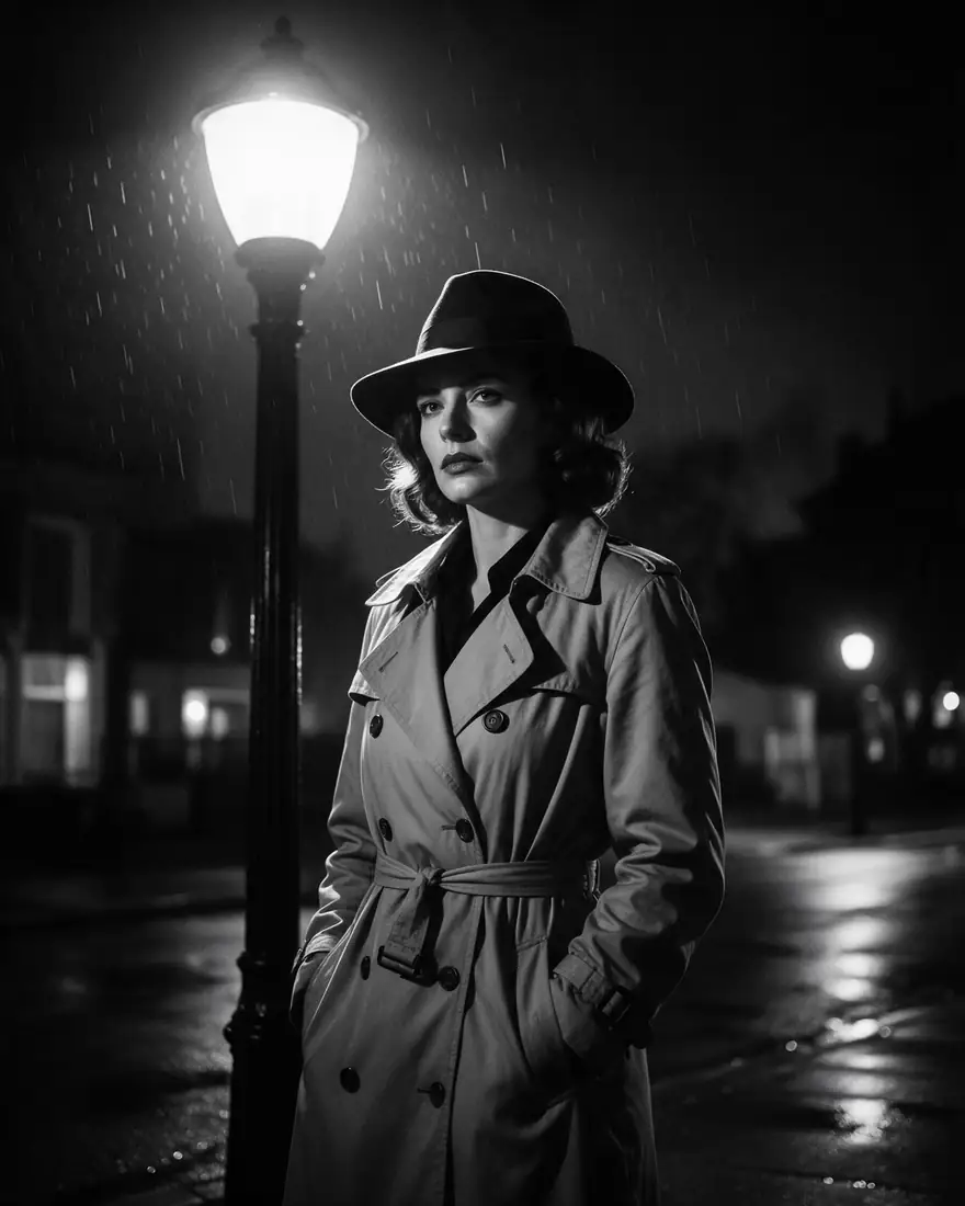 Black and white photo of a woman detective in a trench coat under a streetlamp in the rain