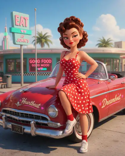 Stylised 3D woman in a polka-dot dress leaning on a vintage car