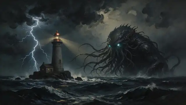 Lighthouse and kraken — AI desktop wallpaper