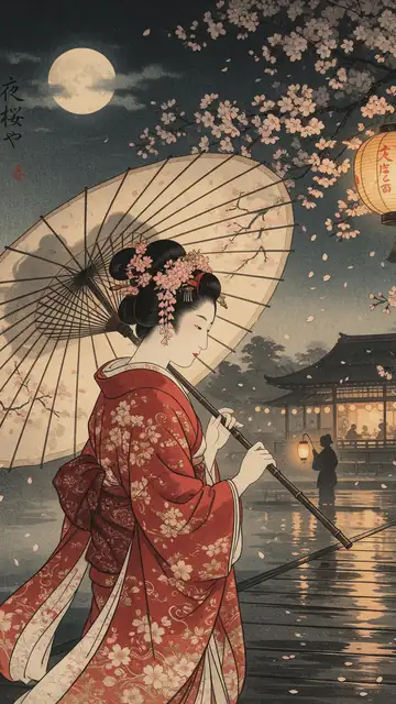 Geisha under blossoms — AI phone wallpaper