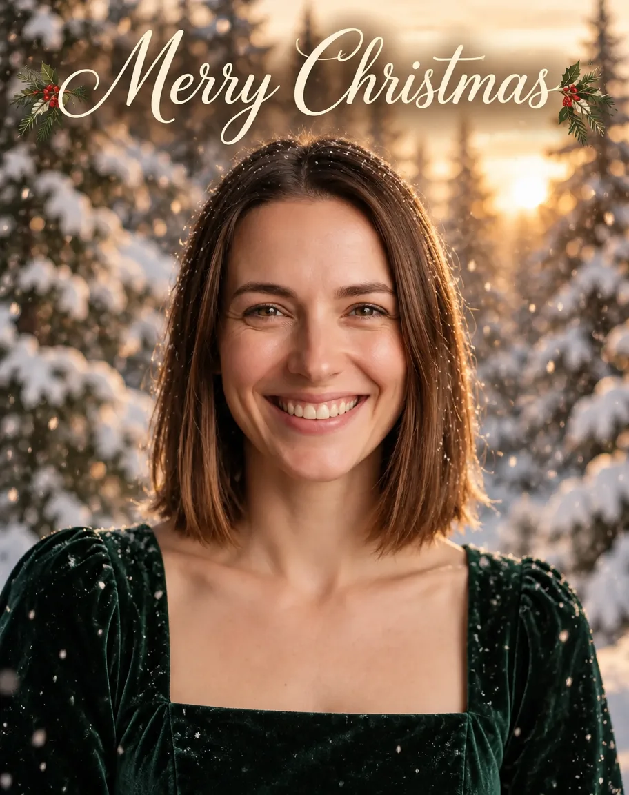 A smiling woman with a brown bob in a green velvet dress in falling snow before snowy pines, with Merry Christmas in cream script across the top
