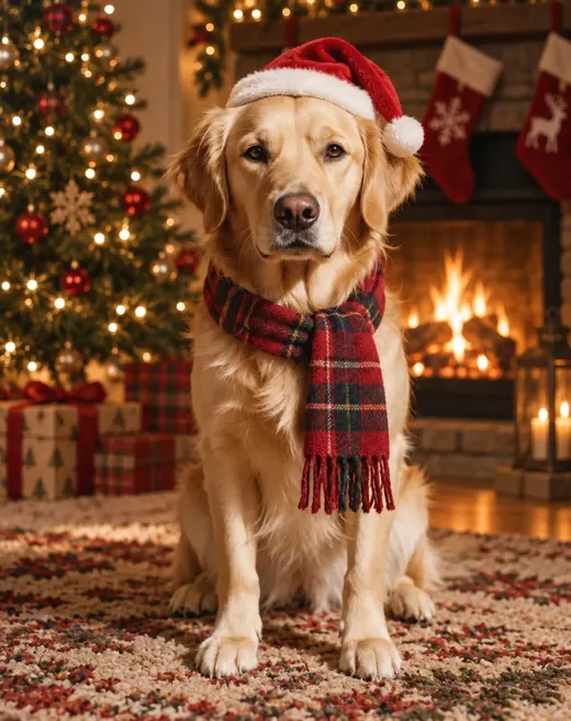A golden retriever in a red Santa hat and plaid scarf sitting on a rug by a fireplace with stockings, presents and a Christmas tree