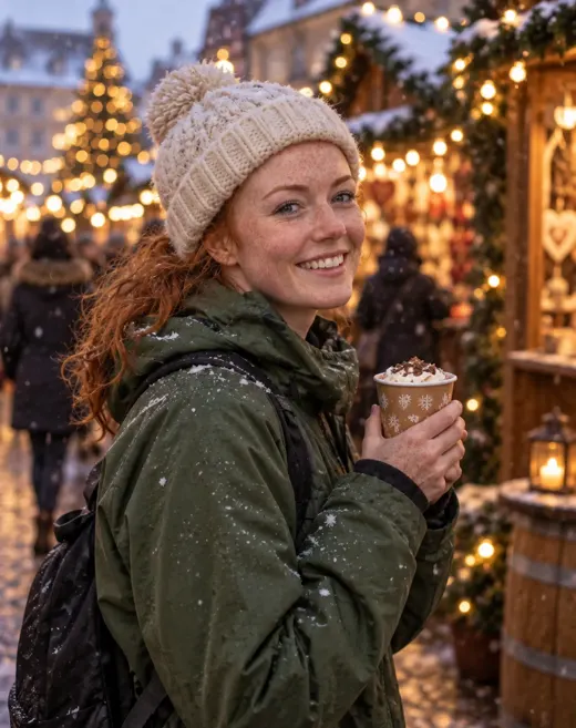 A freckled red-haired woman in a cream bobble hat and green jacket holding hot chocolate at a snowy evening Christmas market with lit stalls