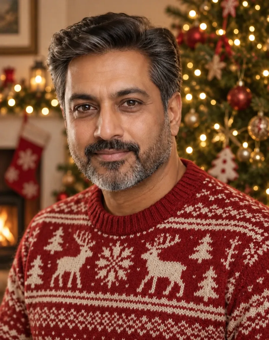 A man with salt-and-pepper hair and beard in a red reindeer knit sweater in front of a lit Christmas tree and a fireplace with a stocking
