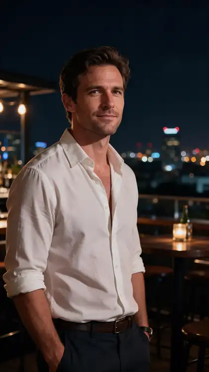 Man in his thirties in an open-collar shirt on a rooftop bar at night