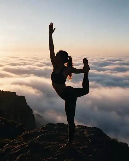 Silhouette of a woman in a yoga pose on a cliff above the clouds at sunrise