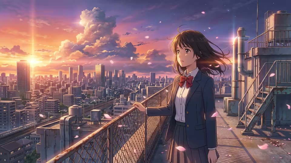 Anime rooftop in the wind: a Nano Banana 2.1 image animated