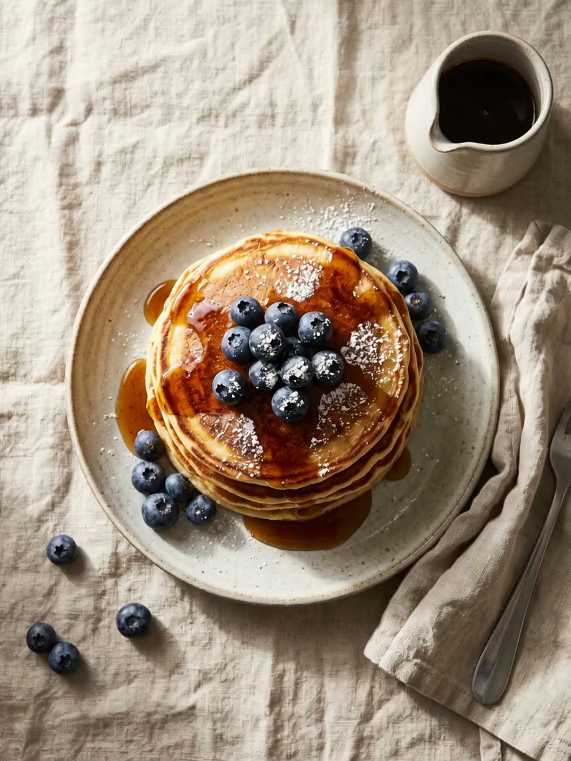 Pancake food photo animated: maple syrup slowly pours over the pancakes and drips down the sides, steam rises