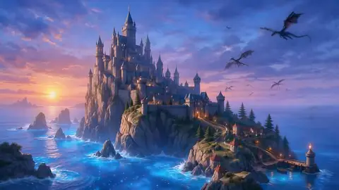 Fantasy castle on a cliff above a glowing sea with dragons