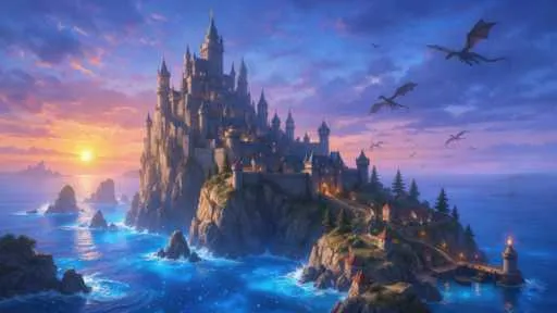 Fantasy castle on a cliff above a glowing sea with dragons — before