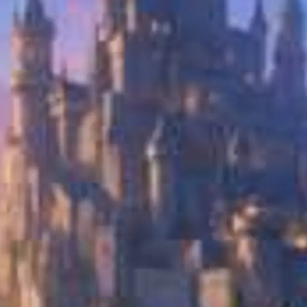 Fantasy castle on a cliff above a glowing sea with dragons — the 512 px render original stretched to the same size (bicubic)