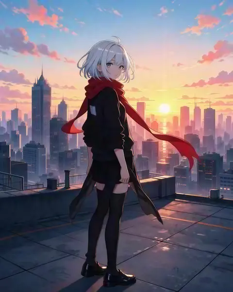 Anime girl with silver hair and a red scarf on a rooftop at sunset