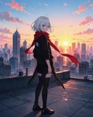 Anime girl with silver hair and a red scarf on a rooftop at sunset — before