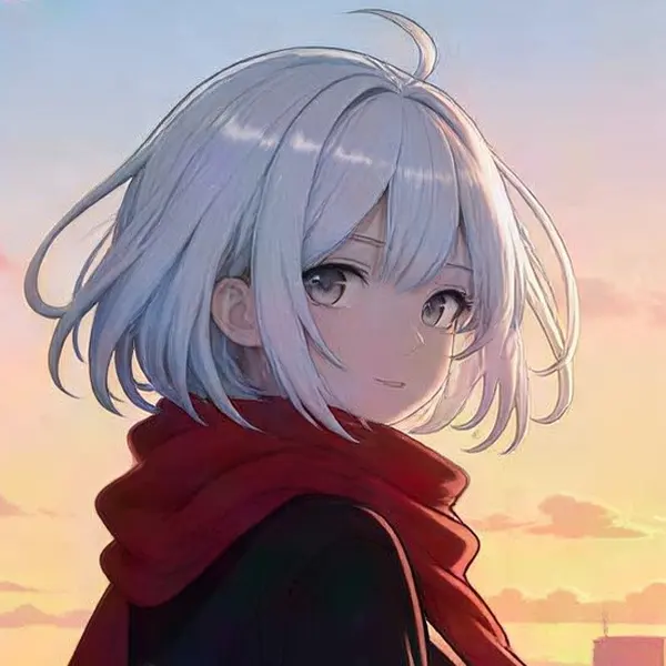 Anime girl with silver hair and a red scarf on a rooftop at sunset — the same crop after Real-ESRGAN