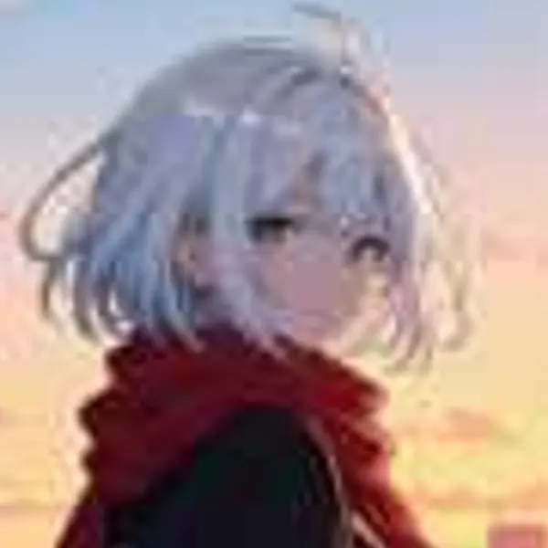 Anime girl with silver hair and a red scarf on a rooftop at sunset — the 300 px original stretched to the same size (bicubic)