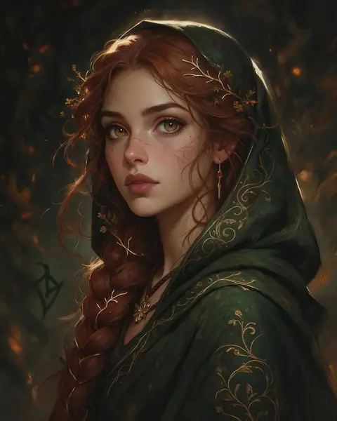 Painterly fantasy portrait of a woman with auburn braided hair in a green cloak with gold embroidery