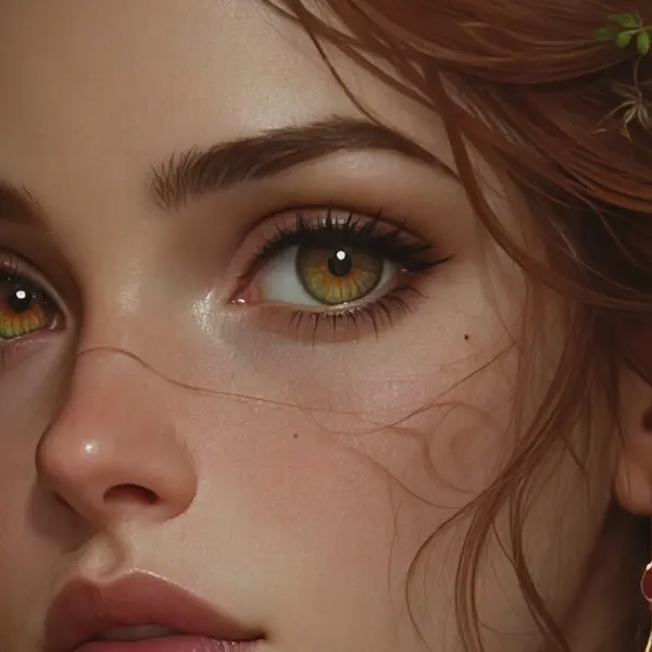 Painterly fantasy portrait of a woman with auburn braided hair in a green cloak with gold embroidery — 100% crop