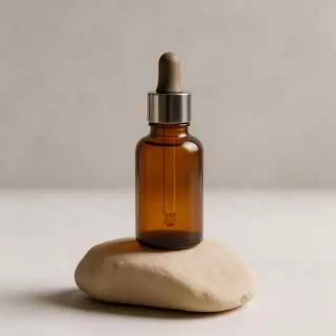 Amber glass serum bottle with a dropper on a beige stone