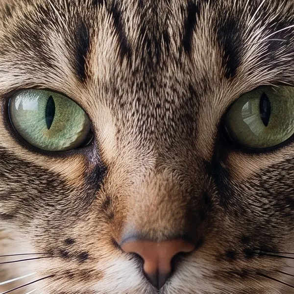 Tabby cat with green eyes on a windowsill — the same crop after Phota Enhance