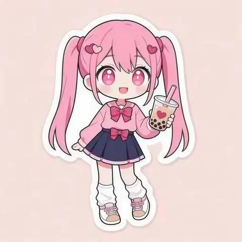 Chibi anime sticker of a girl with pink twin tails holding bubble tea