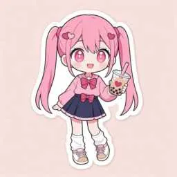 Chibi anime sticker of a girl with pink twin tails holding bubble tea — before