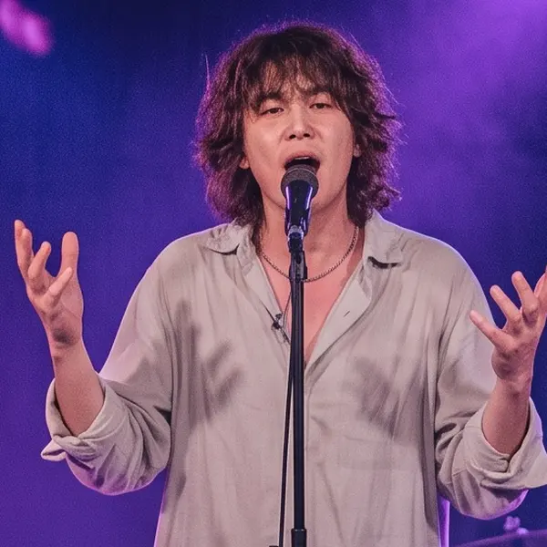Singer on a small club stage under purple and blue lights — the same crop after Phota Enhance