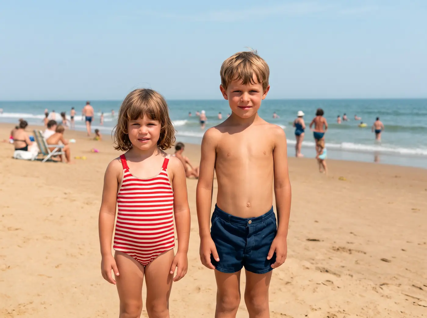 Faded 1970s colour snapshot of two children on a beach with a red-magenta cast — after