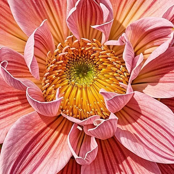 Pink dahlia with water droplets on a dark background — the same crop after Clarity Pro