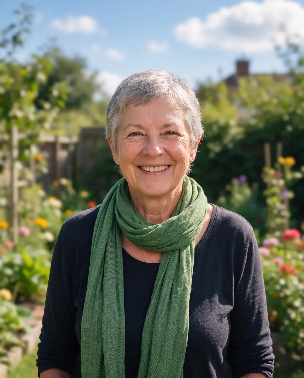 Smiling older woman with short grey hair and a green scarf in a garden — after