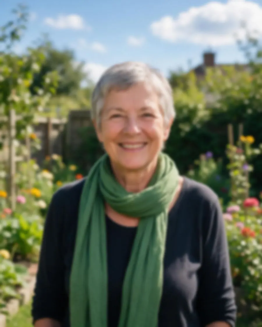 Smiling older woman with short grey hair and a green scarf in a garden — before