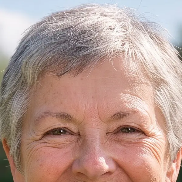 Smiling older woman with short grey hair and a green scarf in a garden — the same crop after Phota Enhance