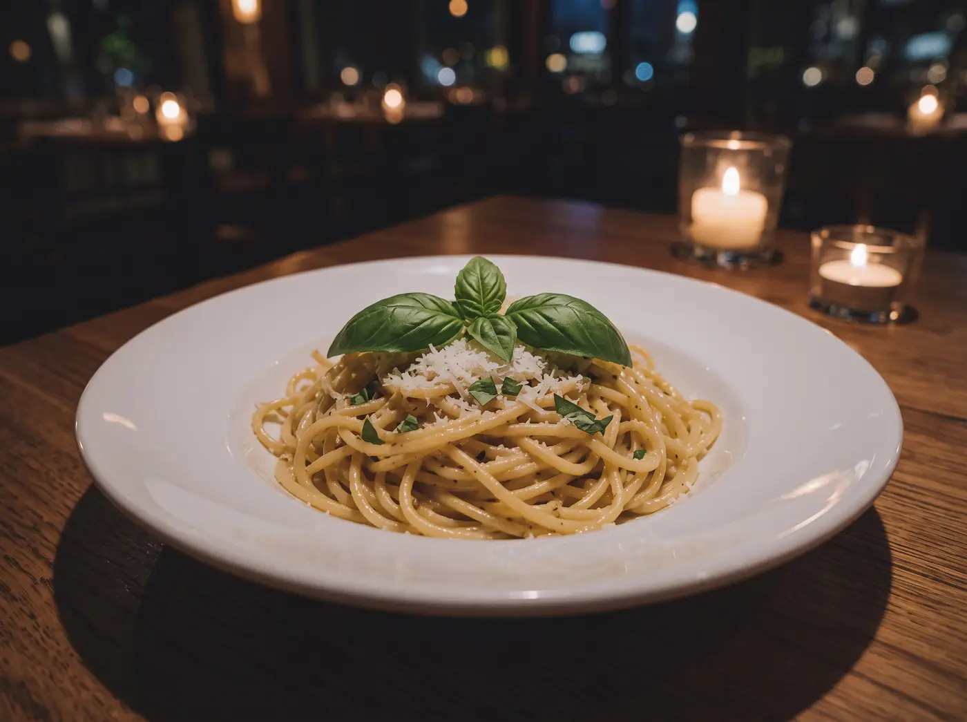 Plate of pasta with basil in a dim candle-lit restaurant — after