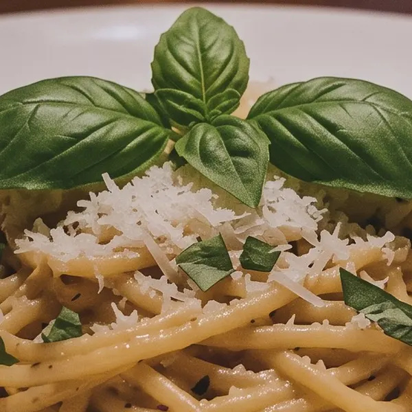 Plate of pasta with basil in a dim candle-lit restaurant — the same crop after Phota Enhance