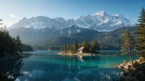 Turquoise alpine lake below snowy mountains with a wooden cabin