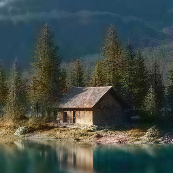 Turquoise alpine lake below snowy mountains with a wooden cabin — the same crop after Image Upscaler